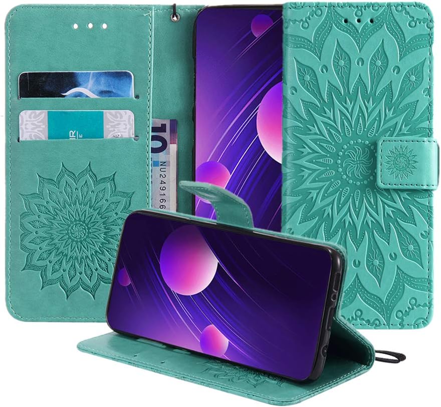 MEUPZZK Samsung Galaxy S10 Plus Wallet Case, Embossed Sunflower Premium PU Leather [Folio Flip] [Kickstand] [Card Slots] [Wrist Strap] [6.4 inch] Cover for Samsung S10 Plus (Y-Green)