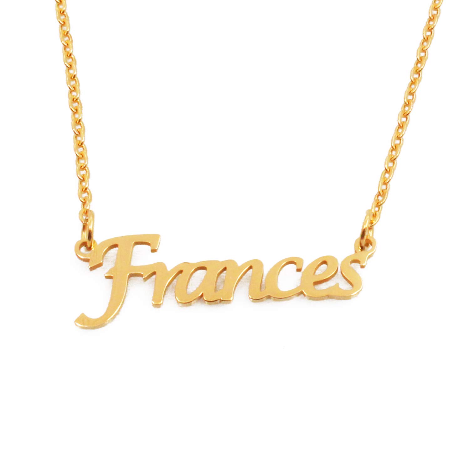 Kigu Frances Name Necklace Personalised 18ct Gold Plated, Custom Dainty Name Pendants, Jewellery for Ladies, Girlfriend, Mother, Sister, Friends Inc Bag & Box