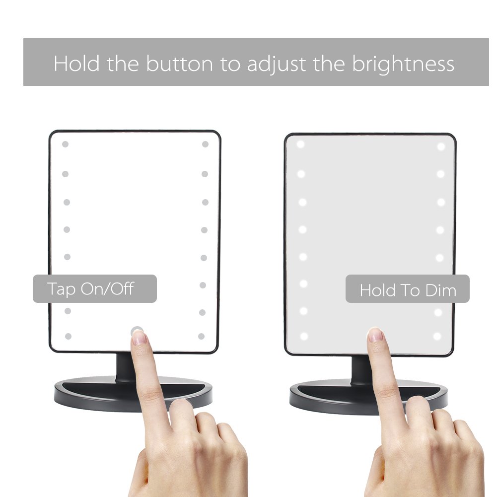 Makeup Mirror - 16 LED Touch Screen Tabletop Vanity Cosmetic Mirrors with Removable 10X Magnifying Mirror Dimming to Adjustable Brightness Power by USB (Black)