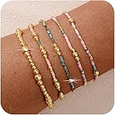 SHINUS BOHO 5Pcs 14K Gold Plated Beaded Bracelets Stack Set for Women,Stretch Boho Colorful Beads Ball Jewelry Friendship Summer Trendy Christmas Day