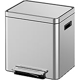 ExploreHorizon 2 x 4 Gal (2 x 15L) Trash Can, Stainless Steel Double Trash Can with Recycling Bin, Soft-Close Lid, Step-on Garbage Bin, with Removable Plastic Inner Buckets