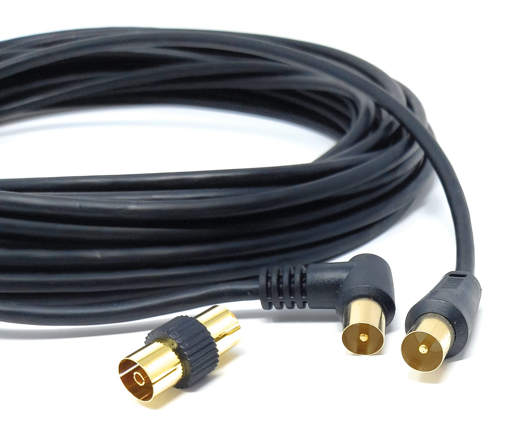 DRUT 10m TV RF Right Angle Male to Male Aerial Antenna Coaxial Cable With Female to Female Coupler Gold Connectors 75 ohm, 3C2V (33ft, Black)
