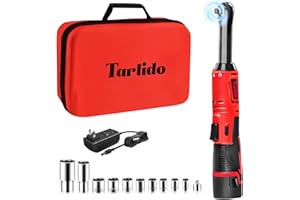Tarlido 3/8" Electric Ratchet Wrench, 40 Ft-Lbs 400 RPM 12V Cordless Battery Powered Ratchet Wrench Set with LED Light, Including 2 Batteries, 11 Sockets, Carry Bag and Fast Charge-Red