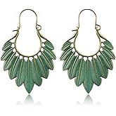Handmade Boho Vintage Green Bronze Hollow Lightweight Statement Leaf Hoop Earrings with Detailed Texture Tribal Ethnic Drop Dangle Earring for Women (Green)