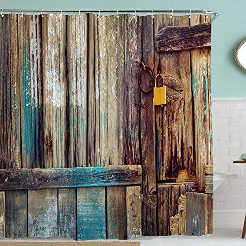 Rustic Vintage Fabric Shower Curtain,Old Brown Wooden Barn Door Decor Bath Curtain,Antique Country Rural Theme 3d Printing,Waterproof Polyester Bathroom Accessories Set with Hooks,72x72 Inch,Brown