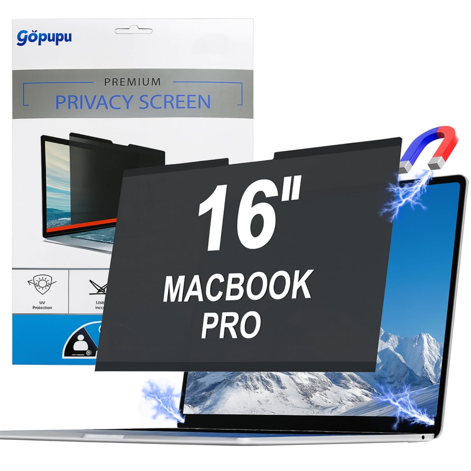 gopupu Magnetic Privacy Screen Protector Compatible with Macbook Pro 16 Inch 2021-2026 M1 M2 M3 M4 M5 Pro Max, Removable Laptop Screen Protector Privacy Screen Filter Shield Anti Glare Anti Spy