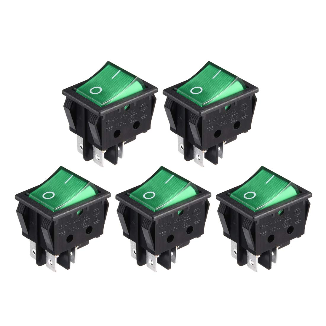 Sourcingmap 5Pcs AC 16A/125V 16A/250V DPST 4 Terminal Boat Rocker Switches On/Off with Back Green Light
