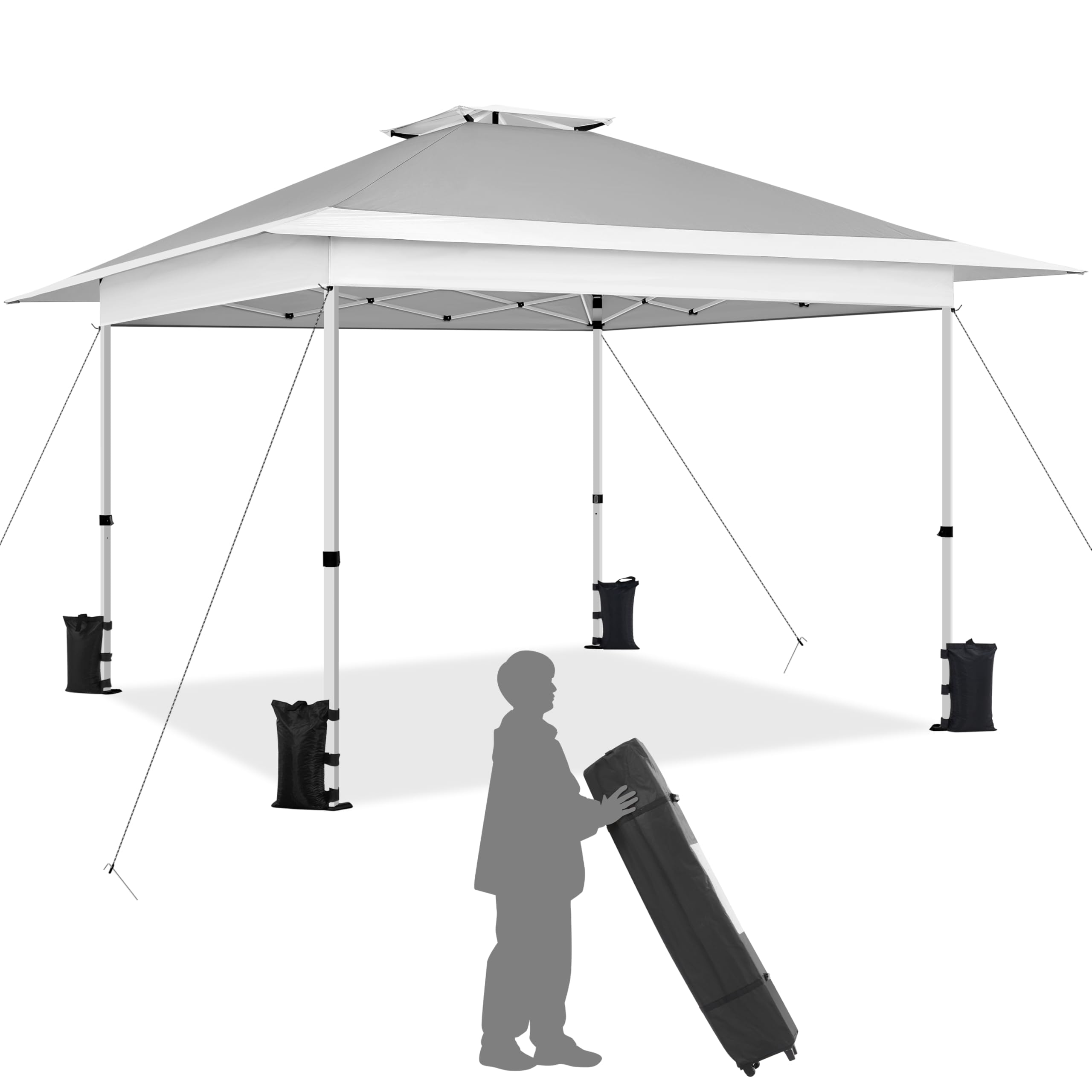 Photo 1 of **MAJOR DAMAGE. SELLING FOR PARTS **Yaheetech 13x13 Pop Up Canopy Tent, Straight Leg Easy Set-up Height-Adjustable Folding Shelter w/Extending Eaves Set W/Sandbags & Rolling Storage Bag & Ground Anchors & Guy Lines?Light Gray/White