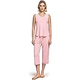 GYS Womens Pajama Set, Bamboo Viscose Pjs, Sleeveless Satin V-Neck Tank Top and Capri Pants 2 Piece Lounge Set