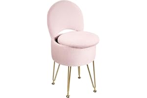 Garvee Vanity Stool with Storage, Folding Back Faux Fur Ottoman, Makeup Stool for Bedroom Adults, Metal Legs Anti-Slip Vanity