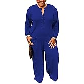 YeGine Plus Size Women Long Sleeve Loose Jumpsuit Casual Rompers One Piece Button Up Wide Leg Jumpsuits
