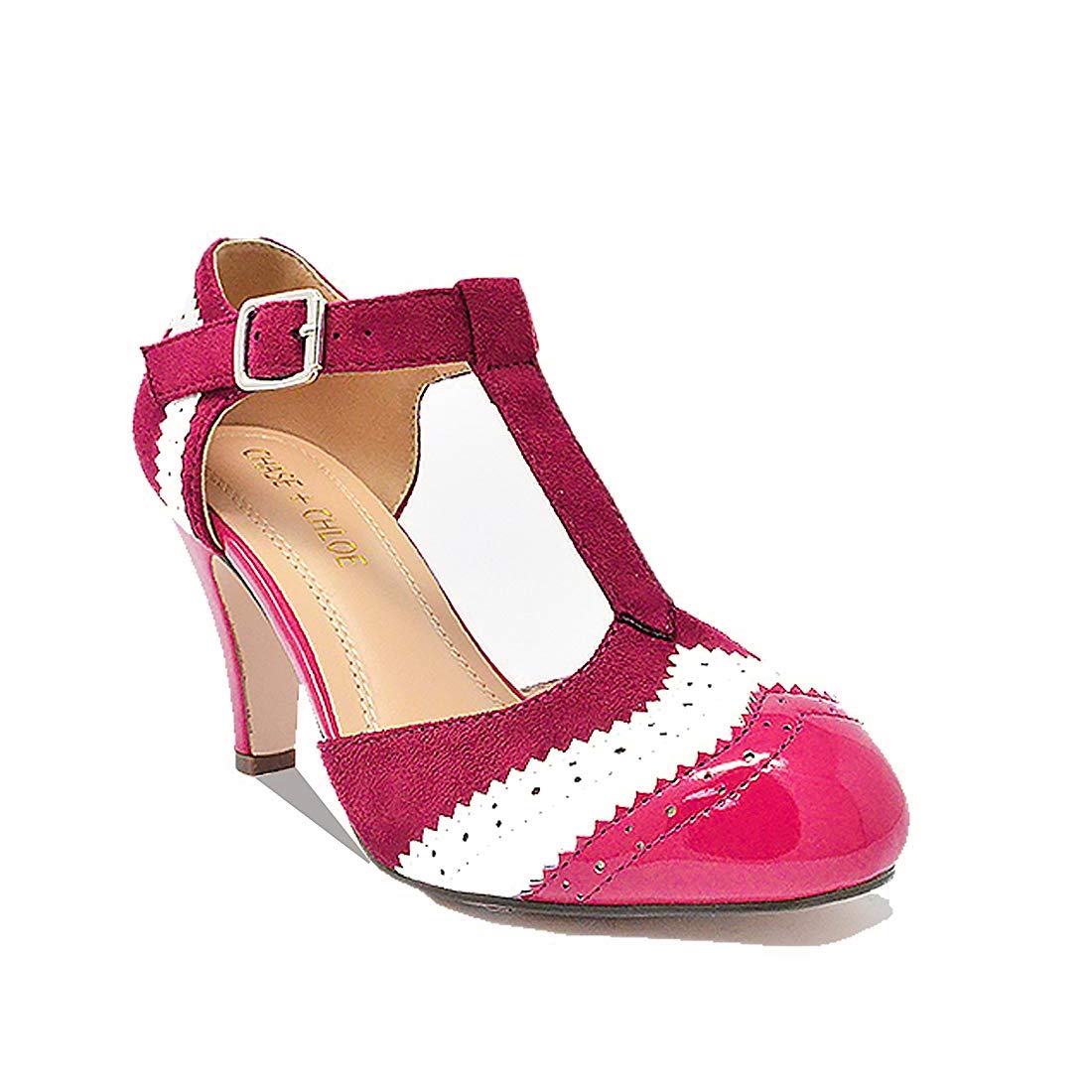 Chase & Chloe Kimmy-66 Closed Toe T-Strap Two Tone Oxford Pumps (11 M US, Fuchsia/White)