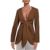 OYOANGLE Women's Textured Tie Front Ruched Deep V Neck Collared Shirts Long Sleeve Dressy Blouse