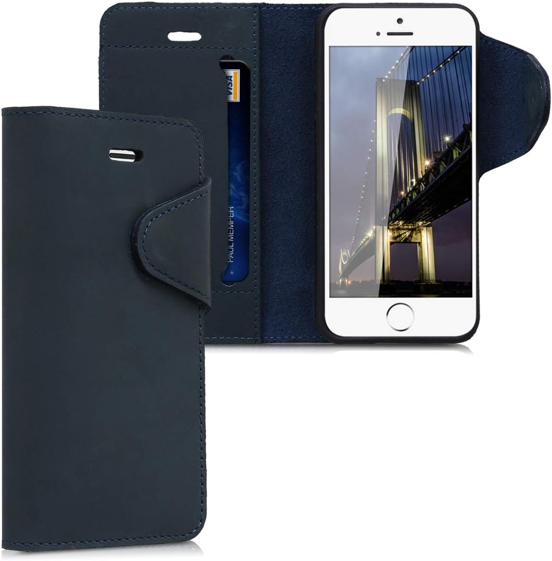 Case Compatible with Apple iPhone SE (1.Gen 2016) / 5 / 5S - Genuine Leather Book Style Protective Cover with Card Slot -