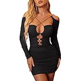 Colysmo Women's Sexy Hollow Out Long Sleeve Bodycon Mini Dress Ruched Mesh Short Dresses for Club Night Out