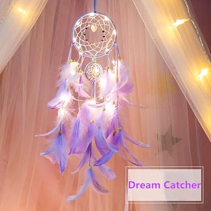 Fancyku Feather Dream Catcher with LED Lights Circular Net for Kids Bed Room Wall Hanging Decoration Decor Ornament Craft (Purple)