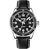 SKMEI Men Watches Black Leather Band Sports Large Big Face Luxury Waterproof Luminous Fashion Dress Casual Analog Quartz Chronograph Father Gifts Wrist Watch