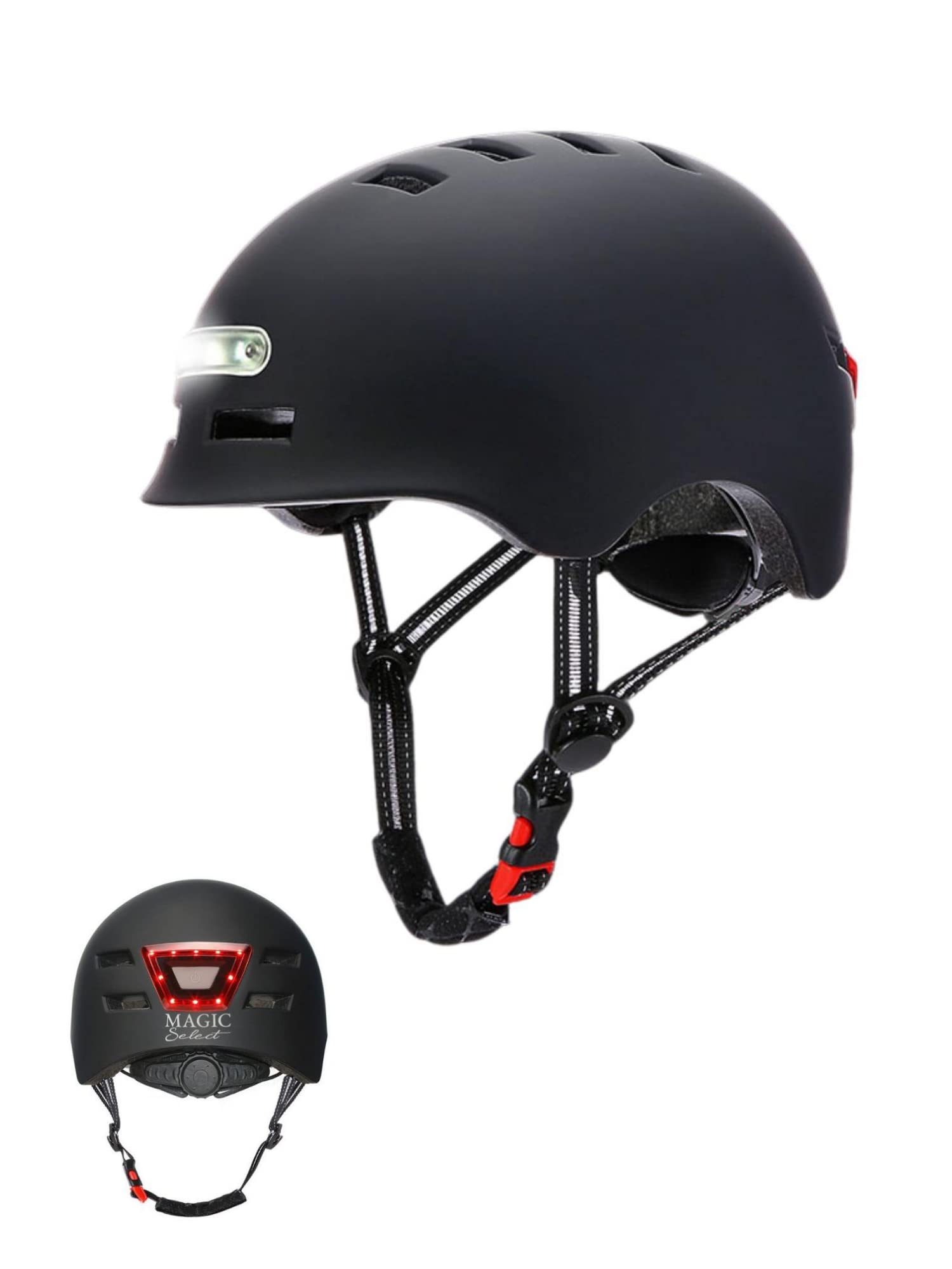 Bike Helmet or Electric Scooter with Red Warning Light + White Front Light. MTB Cycling Helmet, Bicycle, Skate; Lightweight with Removable Lining, PC + EPS Shell, 14 Vents and USB Charging Cable.