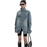 Vsadsau Women's Denim Jacket Mock Neck Buttons Long Sleeve Splicing Casual Buttons Jean Coat