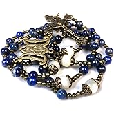 Catholic Heirlooms Virgin Mary Our Lady of Graces Blue Lapis & Mother of Pearl Stone Rosary Beads Catholic Women's Rosary Necklace