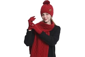 2THESTARS Women's Winter Hat Scarf Gloves Set, 3-Piece Knitted Set with 3D Cube Pattern, Fleece Lining, Touchscreen Gloves