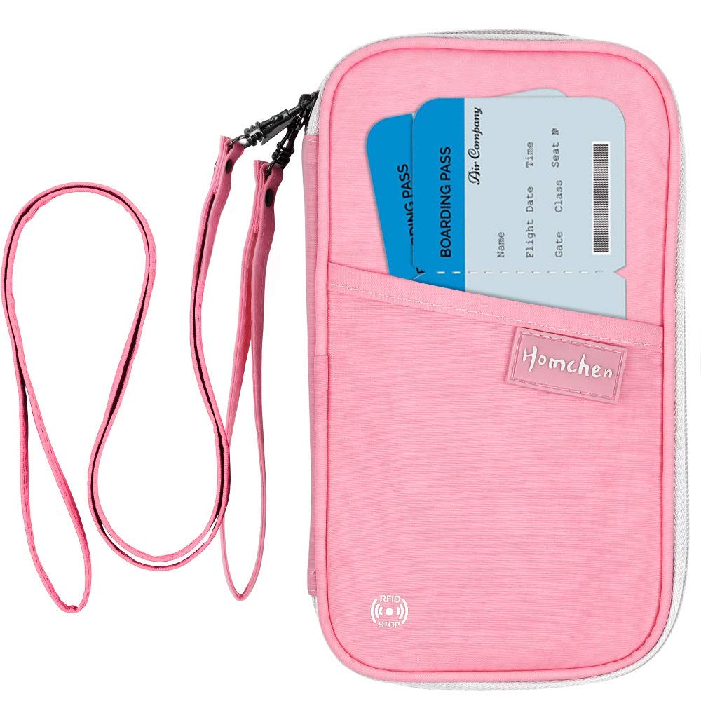 homchen RFID Blocking Family Passport Wallet Holder Waterproof, Travel Document Organizer Credit Card Clutch Bag for Men Women (Pink)