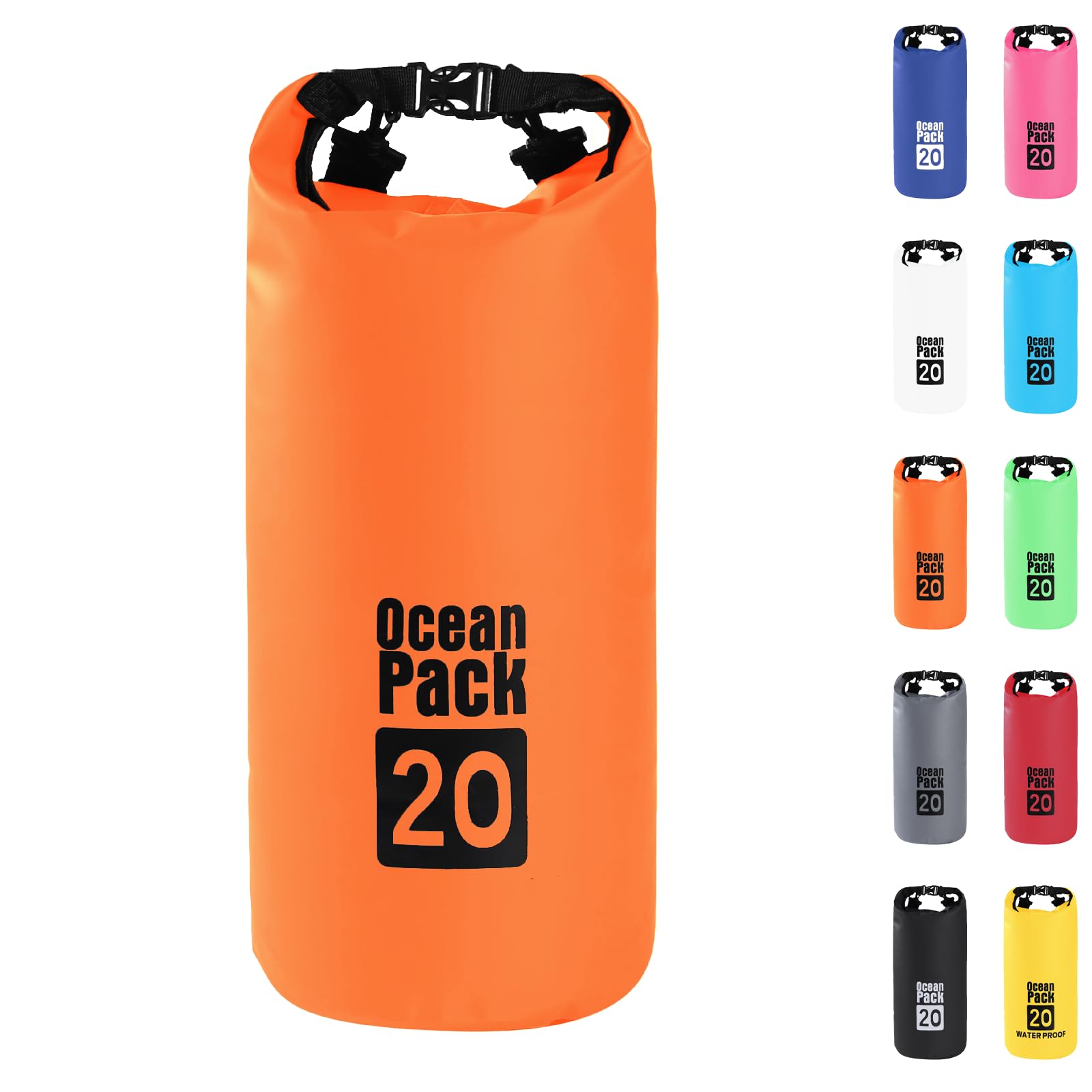 Dry Bag 20L, Boat Dry Bags Orange Waterproof Bag Dry Sack Roll Top Long Adjustable Shoulder Strap 2L/5L/10L/20L/30L/40L for Drifting Boating Kayaking Fishing Rafting Swimming Camping Canoeing Surfing