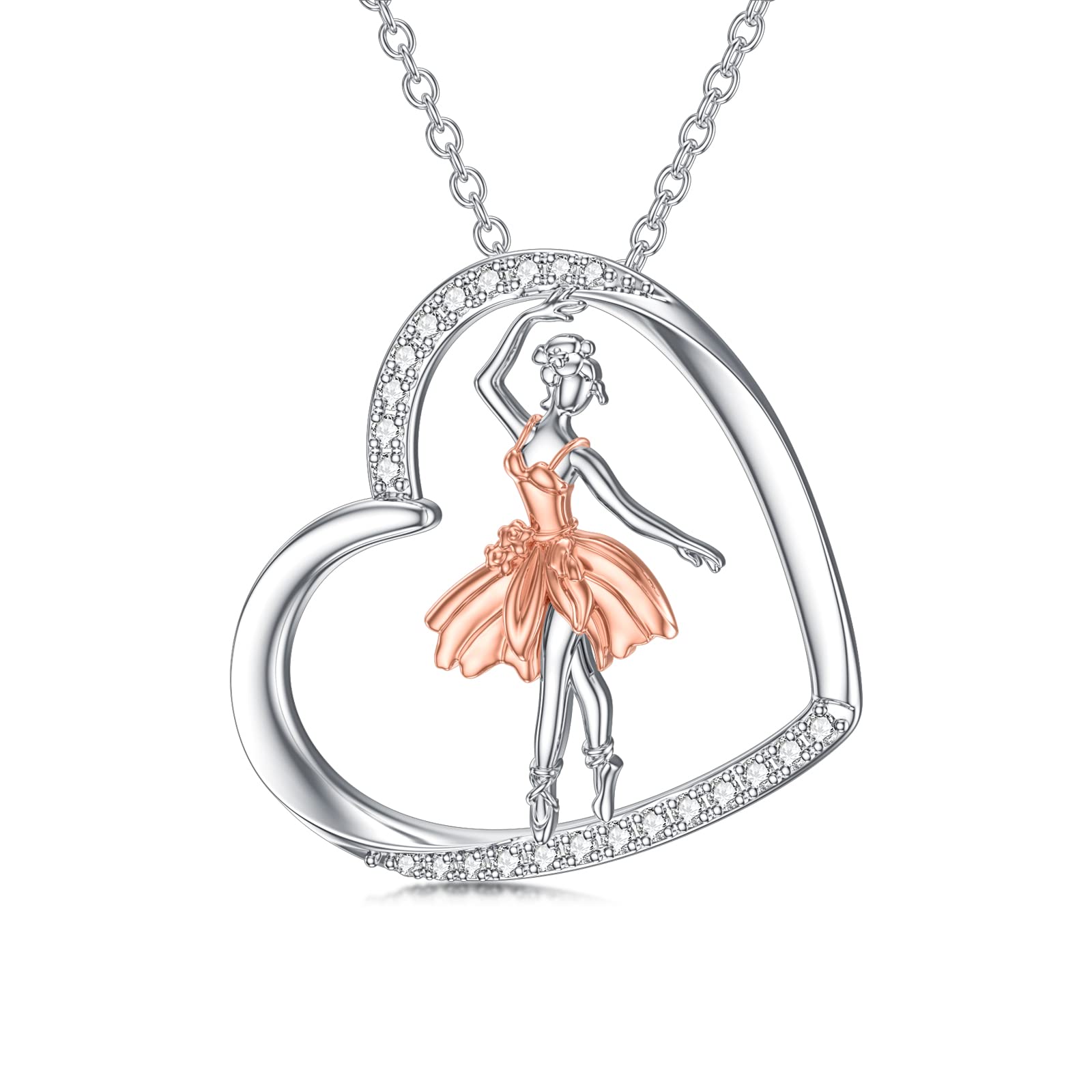 ROMANTICWORK Ballet Necklace Sterling Silver Ballerina Heart Pendant Gymnastics Dance Jewellery birthday gift for Women Girl Daughter Dancer
