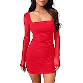 oten Women Mesh Long Sleeve Square Neck Mini Dress Sexy Ruched Bodycon Cocktail Club Party Short Dresses
