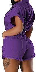 Casual Denim Button Down Romper for Women Sexy V