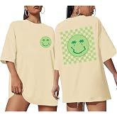 Weripoah Oversized Graphic Tshirts for Women Happy Face Beach Tees Smile Palm Tree Tshirt Cute Summer T Shirts Preppy Clothes