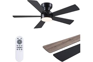 BYKISTOK Black Ceiling Fans with Lights - 46" Flush Mount Ceiling Fan with Remote and 5 Reversible Blades, 3CCT Dimmable, 6 Wind Speeds&2H Timer, Indoor Low Profile Fan Light Fixture for Modern Bedroom
