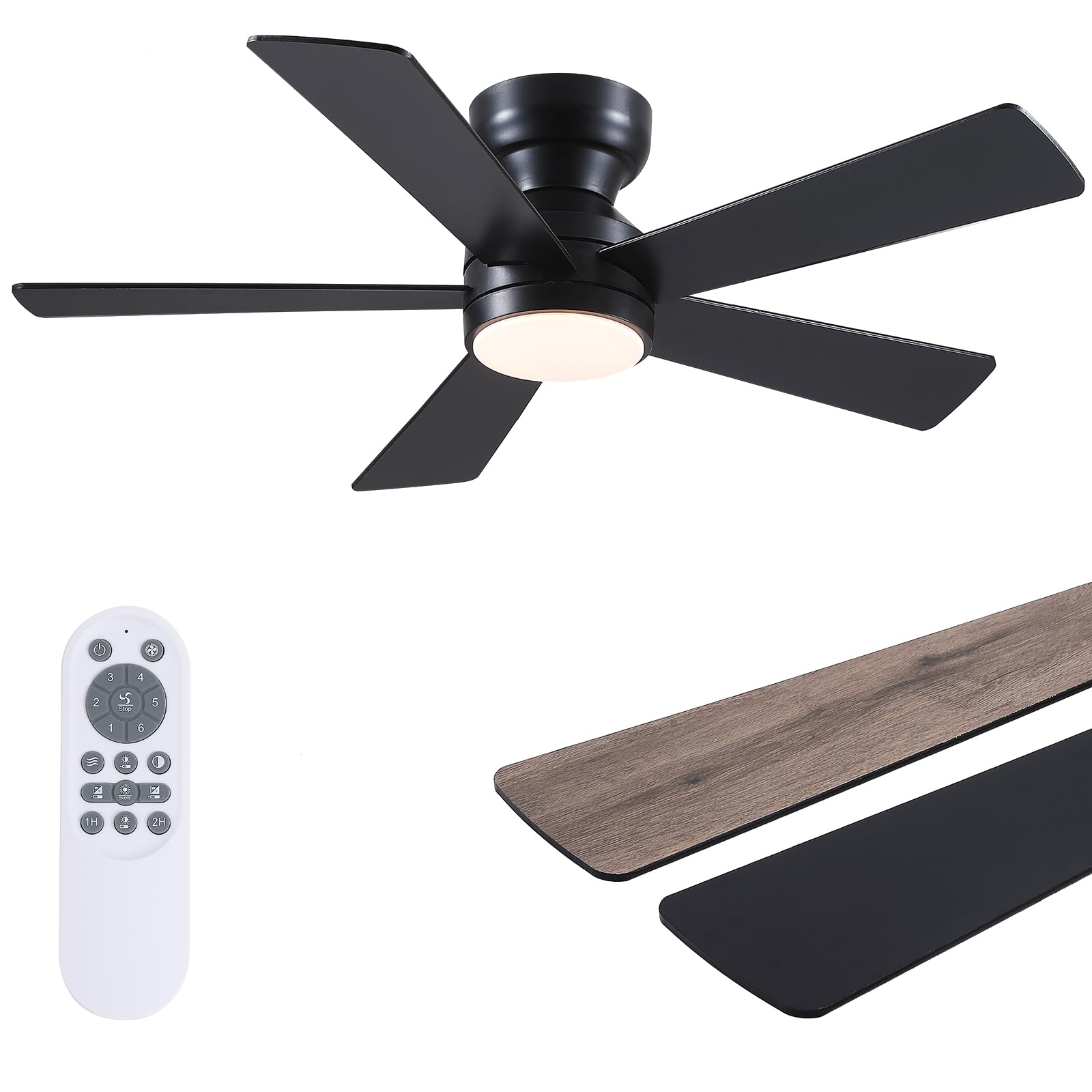Photo 1 of Black Ceiling Fans with Lights - 46" Flush Mount Ceiling Fan with Remote and 5 Reversible Blades, 3CCT Dimmable, 6 Wind Speeds&2H Timer, Indoor Low Profile Fan Light Fixture for Modern Bedroom
