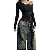 SOLY HUX Women's Off The Shoulder T Shirt Long Sleeve Ruffle Asymmetrical Hem Ruched Tee Y2k Going Out Tops
