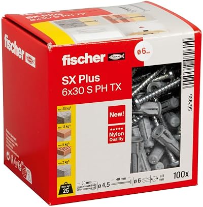 fischer SX Plus 6 x 30 Expansion Dowel with Screws Box of 50