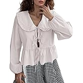 Women Lapel Doll Collar Blouse Puff Sleeve Pleated Tie Front Peplum Shirts Summer Cute Babydoll Tops