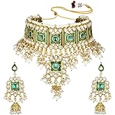 Aheli Faux Kundan Choker Necklace with Earring Maang Tikka Indian Traditional Bollywood Ethnic Bridal Jewelry Set Gift for Women