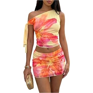 WDIRARA Women's Floral 2 Piece Skirt Set Off the Shoulder Top Bodycon Mini Skirt Set Vacation Outfits