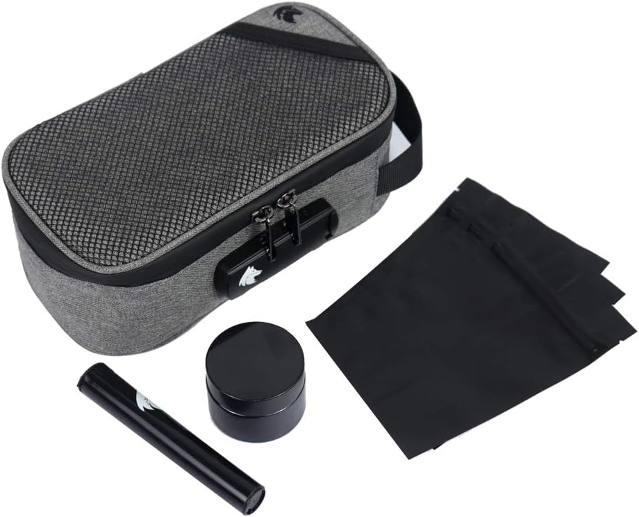 Upgraded Smell Proof Bag | 6 Piece Durable Waterproof Smell Proof Bag Includes A Combination Lock, 3 Smell Proof Bags, 50 Gram UV Blocking Herb Glass Container & Doob Tube (Grey)