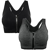 FLORATA Sports Bras for Women, Zip Front Sports Bra Wireless Post-Surgery Bra, Yoga Sports Bras