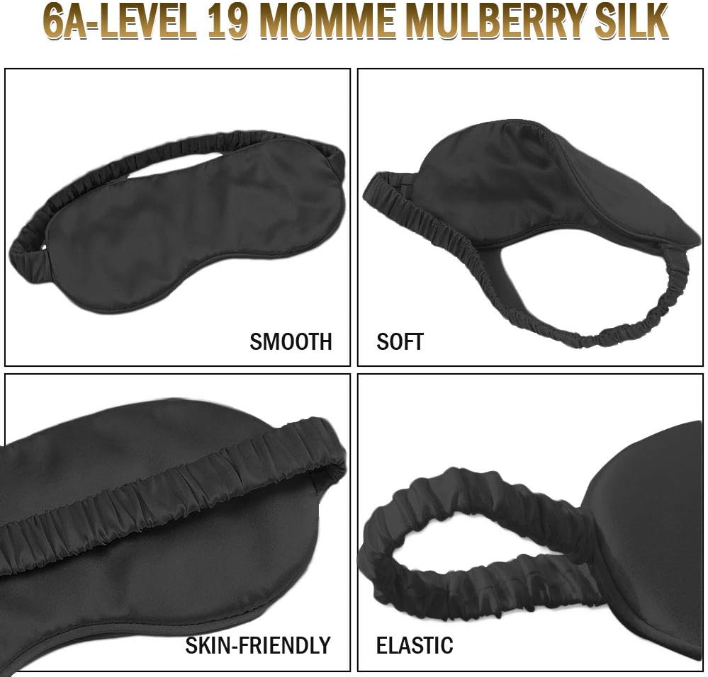Sleep Mask,Silk Eye Mask for Sleeping Women/Men/Girls,19 Momme Both Sides 100% Pure Mulberry Silk Blackout Anti-Allergy Blindfold with Elastic Strap for Night,Travel,Nap,Meditation (Black) - Image 4
