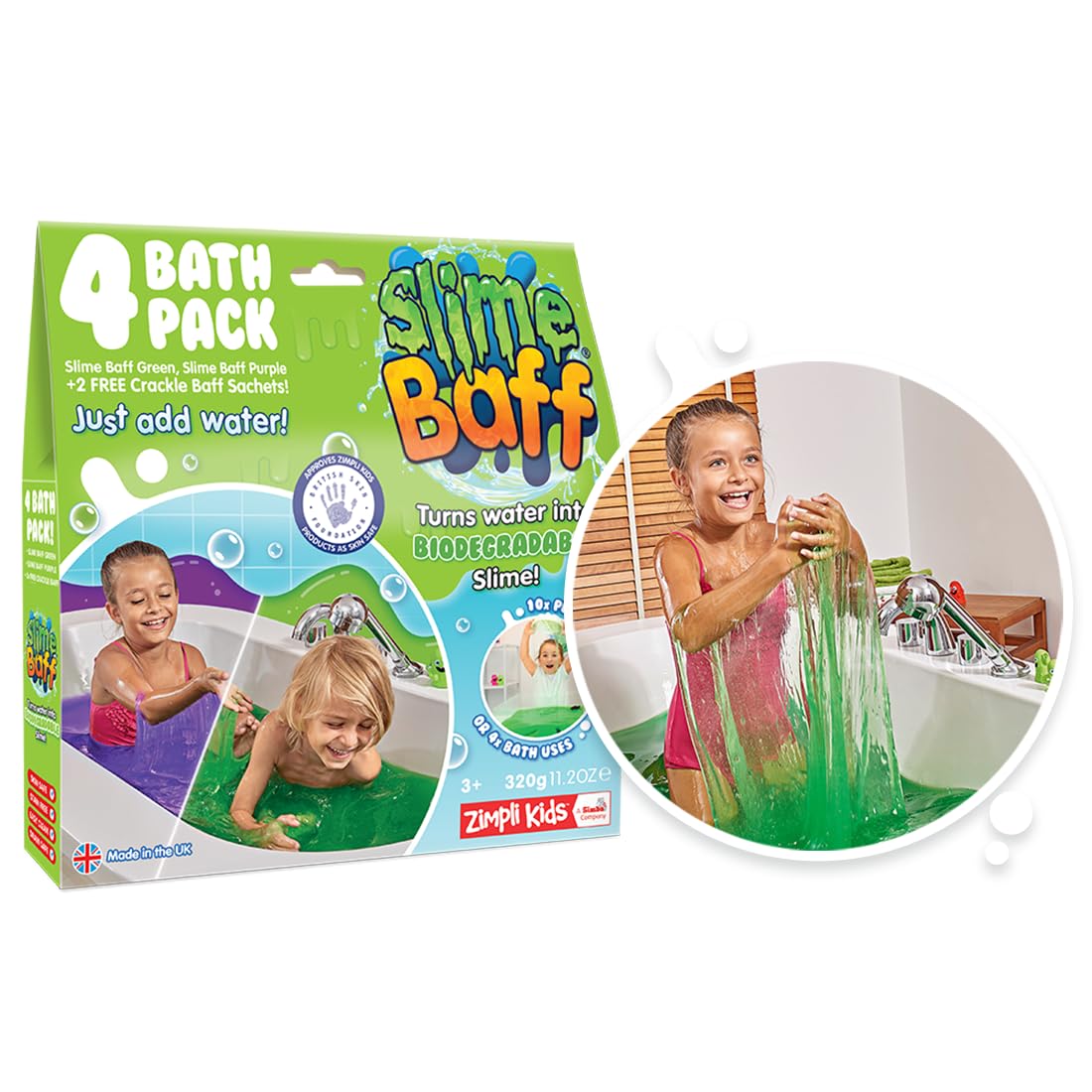 ZIMPLI - Slime Baff Purple & Green, 4 Bath Pack including 2 x Crackle Baff, Magically turns water into thick, colourful slime, Bath Toy, UK Made