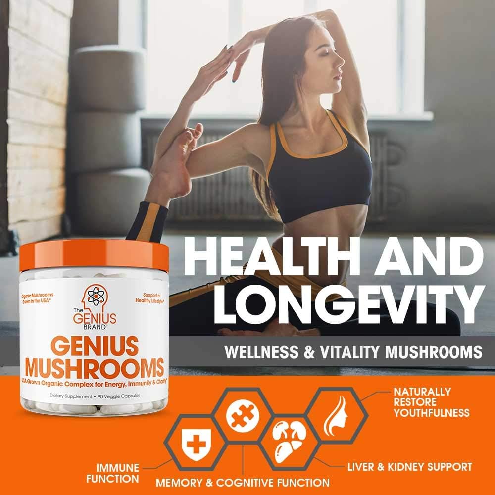 Genius Mushroom – Lions Mane, Cordyceps and Reishi – Immune System Booster & Nootropic Brain Supplement – Wellness Formula for Natural Energy, Stress Relief, Memory & Liver Support, 90 Veggie Pills: Health & Personal Care