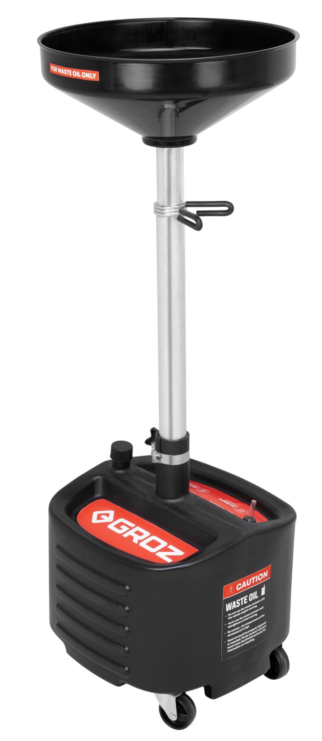 Groz 8 Gallon Waste Oil Drain Pan - Wheeled, Adjustable Height, Spill-Proof Design, Tool Storage (44605) Image