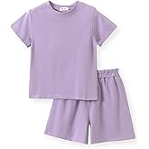 ACESTAR Toddler Baby Boys Girls Summer Clothes Set - Cotton Solid Plain Short Sleeve T-Shirt Tops + Shorts Cute Outfits Set
