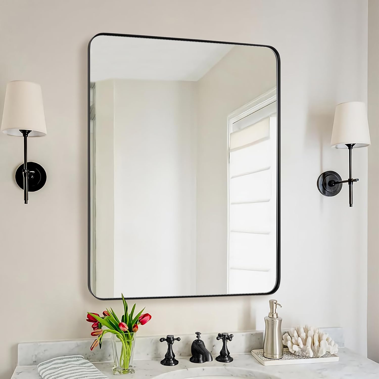 Mirrors - ANDY STAR Wall Mirror for Bathroom, 30x36 Matte Black Bathroom Mirror, Modern Stainless Steel Metal Frame Rounded Corner Rectangle Mirror for Vanity