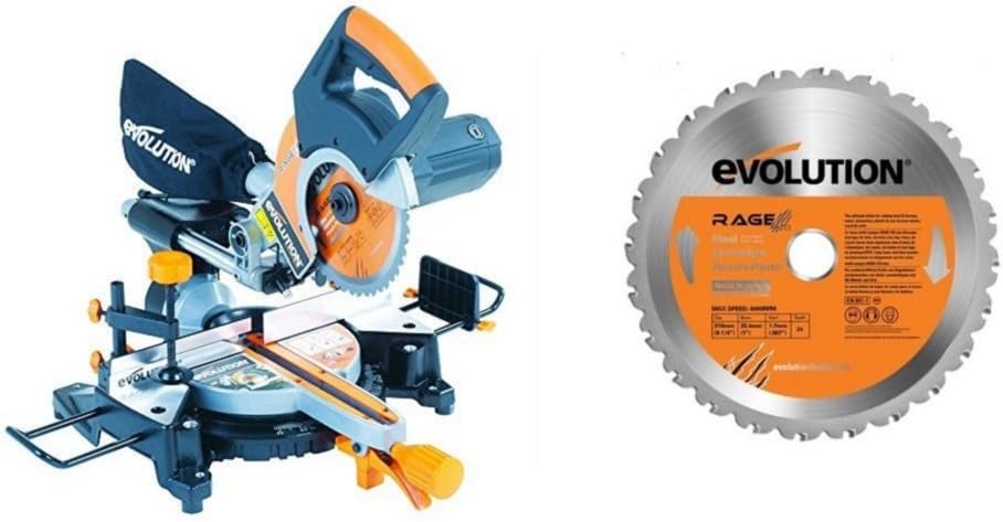 Evolution RAGE3-S+ Multi-Purpose Sliding Mitre Saw with Accessory Pack, 210 mm (110V) with Evolution RAGE Multi-Purpose Carbide-Tipped Blade, 210 mm