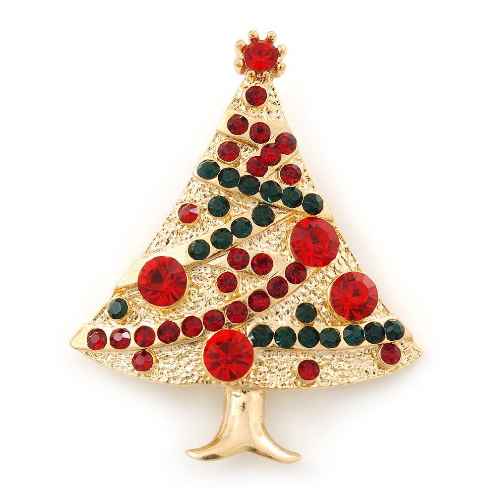 Red, Green Austrian Crystals Christmas Tree Brooch In Gold Plating - 50mm Length