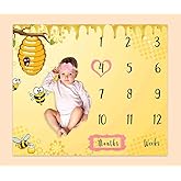PHMOJEN Baby Age Milestone Blanket, Bee Honeycomb Blanket for Nursery, Baby 1-12 Months Growth Chart, Includes 4 Frame and 1 Headband 47"x40" BTQQPH33