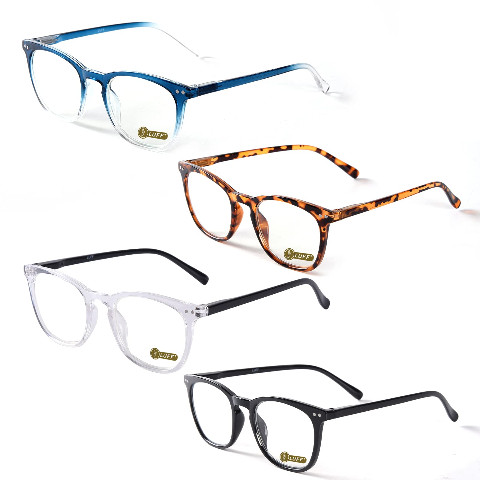 LUFF Blue Light Reading Glasses for Women Men - Fashion Clear Computer Eyeglasses Spec Anti Eye Strain Super Light Gaming Glasses Spring Hinge,4 PACK